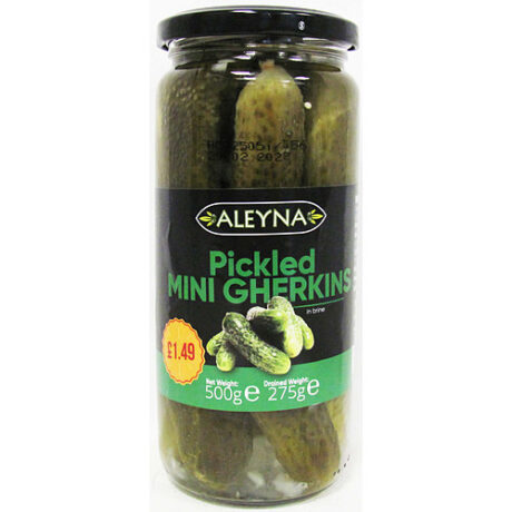Aleyna Cornichons Pickled Mini Gherkins 500 g jar.